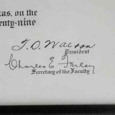 Signatures: Close-up image of the degree's bottom right corner which has two signatures. The first is from the then-President of Texas A&M, Thomas Otto Watson, and the other is from then-Secretary of the Faculty, Charles E. Friley.