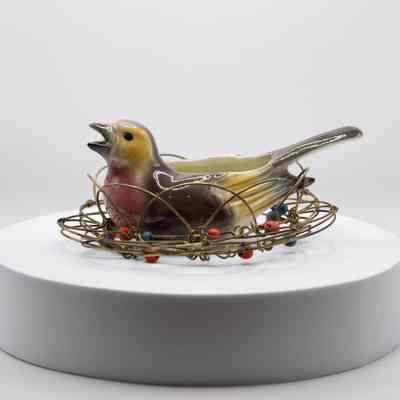 Ceramic Bird in Brass Beaded Nest