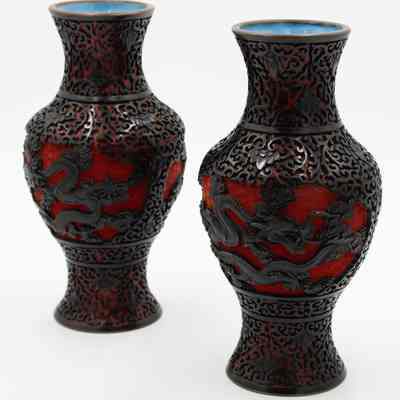 Pair of Large Red and Black Cinnabar Carved Vases