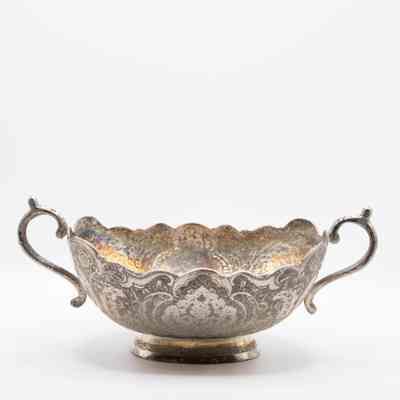 Small Engraved Persian Silver Bowl with Handles and a Scalloped Edge