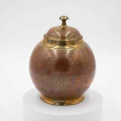 Round Brass Urn with Red Floral Design