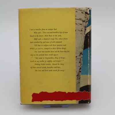 Back Cover: The back cover of "From an Antique Land" is yellow and features the 1818 poem "Ozymandias" by Percy Bysshe Shelley in black. The red frayed section from the front cover extends to the back cover. A portion of the back cover is occupied by the remainder of image of the arch on the front cover.