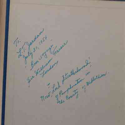 Inside Writing: Inside "From an Antique Land" is some writing in blue ink. In cursive it reads "To: L.T. Jordan July 30, 1954 'Bon voyage' Sir William Fraser London MoW, Lord Stiathalmond of Pamphonoton in the County of Midlothian"