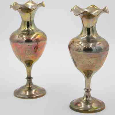 Pair of Scalloped Brass Vases on Pedestals and Engraved with Floral Design