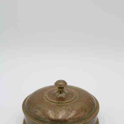 Large Shallow Brass Covered Bowl with Red Peacock Motif
