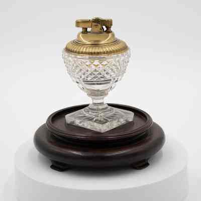 Crystal Cigarette Lighter with Gold Tone Mechanism on Wood Base