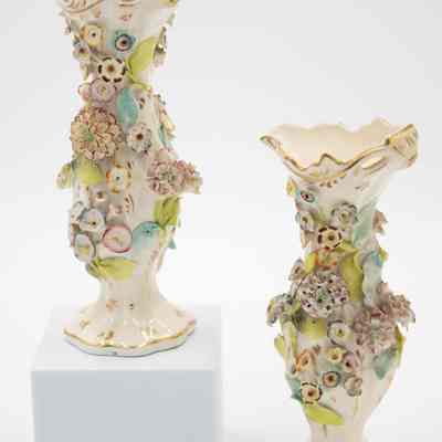 Pair of White Porcelain Bud Vases with Painted Color Floral Appliqués