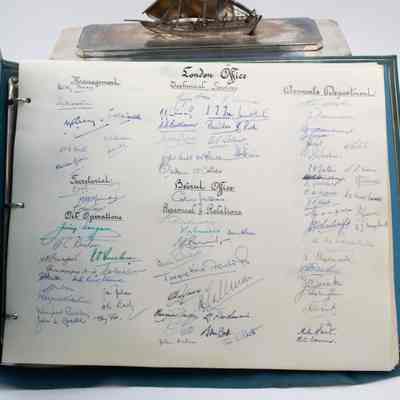 Signatures of employees from the Kuwait Oil Company.: Image of the signatures of employees from the Kuwait Oil Company on the inside of the blue leather book. This page shows the "London Office" and "Beirut Office." There are numerous signatures listed under "Management," "Technical Services," "Accounts Department," "Secretarial," "Oil Operations," and "Personnel & Relations."
