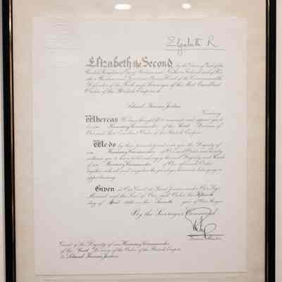 Certificate for LTJ Honorary Commander of the Order of the British Empire