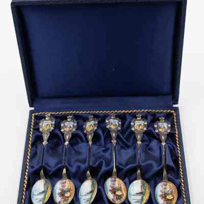 Set of Silver Coffee Spoons with Enameled Scenes of Kuwait in Blue Case