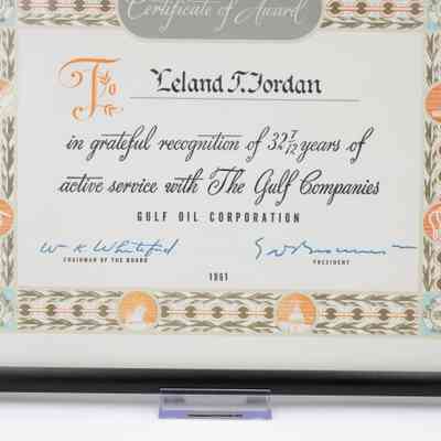 Close up of award details: "Certificate of Award; To Leland T. Jordan in grateful recognition of 32 7/12 years of active service with the Gulf Companies."