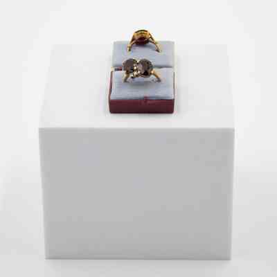 Pair of Gold and Red Garnet Rings with Diamonds in Red Box