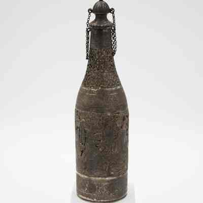 Large Silver Bottle-Shaped Decanter with Chained Lid