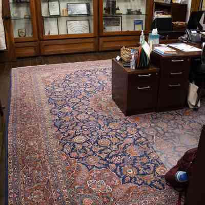 Large Red and Blue Area Rug with Teal Inner Corners