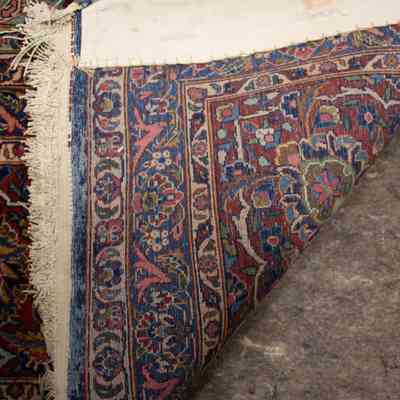 Red and blue area rug: The rug features intricate patterns, showcasing rich red and blue tones with teal accents at the corners.