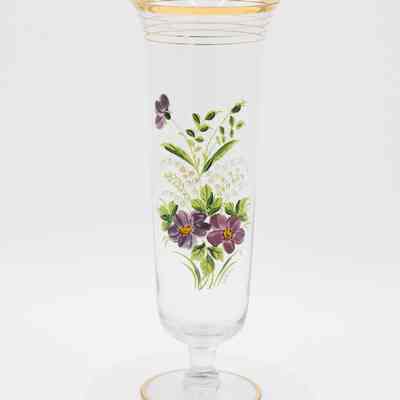 Glass Vase with Gold Edge and Purple Floral Design and Lebrun Signature
