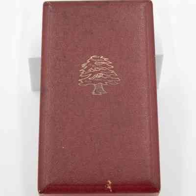 Outside of medal box: A maroon colored leather box with a gold tree emblem.