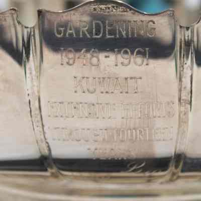 Engraving on the silver trophy cup given to Mrs. Jessie Jordan by the Kuwait Gardening Club: Up close image of the engraving on the silver trophy cup, it reads "GARDENING 1948-1961 KUWAIT EXTENSIVE EFFORTS THROUGHOUT FOURTEEN YEARS."