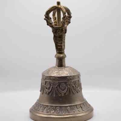 Brass Tibetan Ritual Prayer Bell with Crown-Shaped Handle