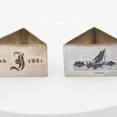 Pair of Triangular Metal Napkin Holders Engraved with Kuwaiti Scenes
