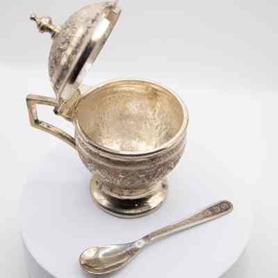 Persian Silver Sugar Bowl with Attached Lid and Spoon