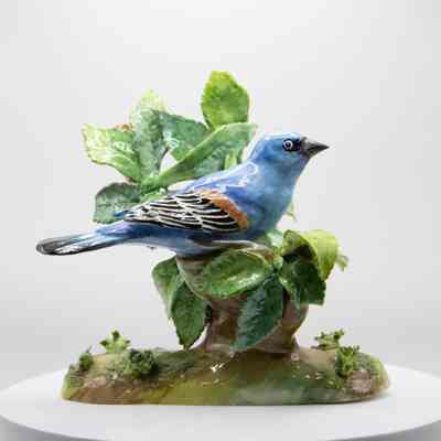 Porcelain Blue Jay on Leafy Branch