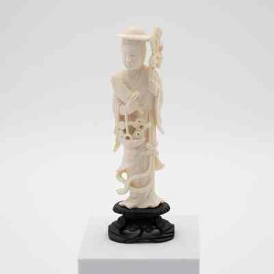 Carved Ivory Figure of Chinese Goddess Quan Yin in Hat Holding Basket on Base
