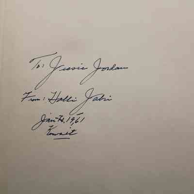 Inside Signature: Inside “Full Circle" is some writing in blue ink. It reads "To: Jessie Jordan From: Halli Jabri Jan-Feb. 1961 Kuwait"
