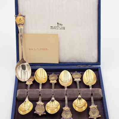 Set of Gold Kuwaiti Coffee Spoons with Masonic Crest on Handle in Blue Case