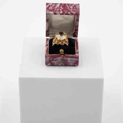 Large Gold and Yellow Topaz Ring in Red Marbled Box