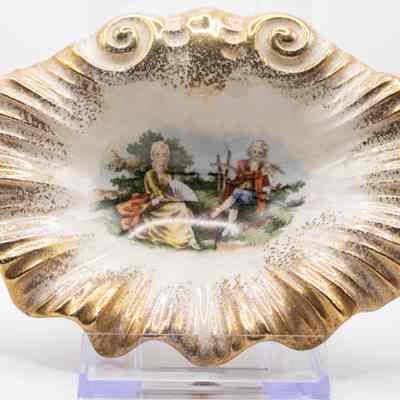 18th Century White Dish with Gold Ruffled Edge and Scene of Man and Woman
