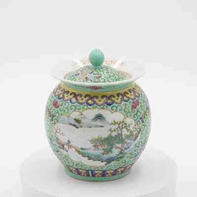 White Porcelain Jar Painted with Mint Green Hong Kong Scene