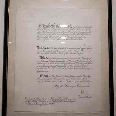 Certificate for LTJ Honorary Knight Commander of the Order of the British Empire