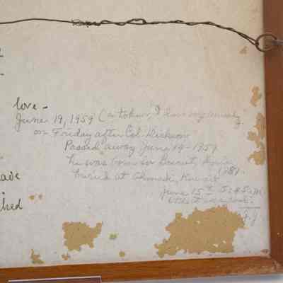Jessie Jordans writing: "June 19, 1951 (a token "I love very much." on Friday after Col. Dickson passed away, June 19 1959, he was born in Beirut, Syria 1881, buried at Ahmadi, Kuwait. June 15th, 5:45 am. J.J."