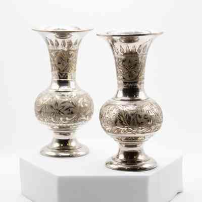 Pair of Small Silver Vases Etched with Flower Design