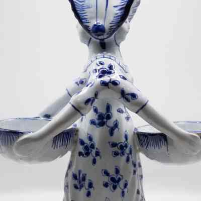Blue and White Two-Sided Figurine Woman Holding Bowls
