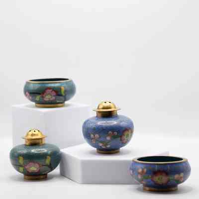Set of Small Blue and Teal Enamel Salt Shakers and Cellars