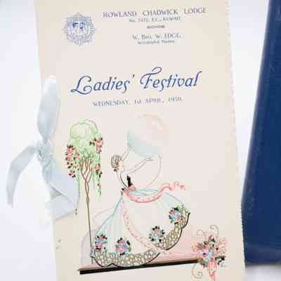1959 Annual Ladies' Festival Program Printed with Woman in a Blue and Pink Dress