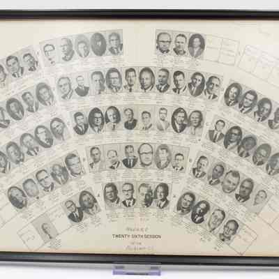 Seating chart and class photo from 26th Harvard Advanced Management Program: The seating chart from Harvard's 26th Session. It includes 5 rows of students that took the course. It is a large framed photo with individual headshots of each student.