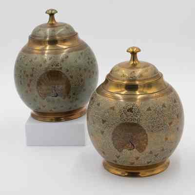 Round Brass Urns Decorated with Blue Peacock Design