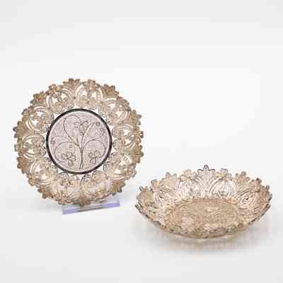 Pair of Small Round Silver Filigree Lace Trays