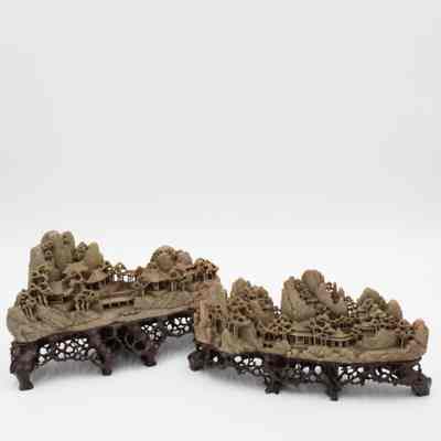 Pair of Grey Stone Carved Chinese Villages
