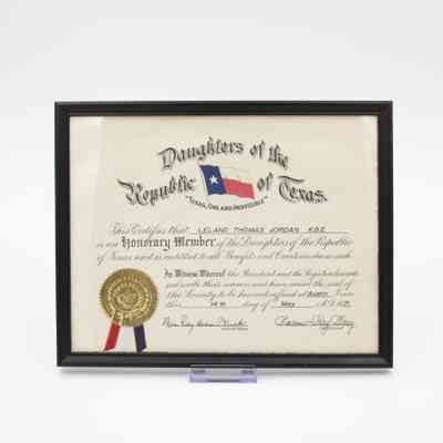 Daughters of the Republic of Texas LT Jordan Honorary Member Certificate