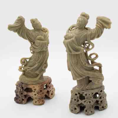 Pair of Large Dancing Soapstone Figurines with Carved Pedestals