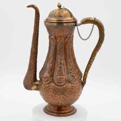 Large Brass Coffee Pot with Chain-Attached Lid and Hammered Metal Design