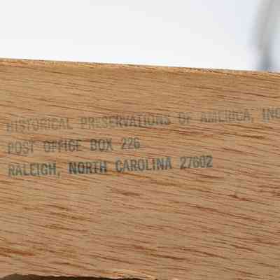 Return Address: Image of the back corner of the certificate which features the return address of the sender. In faded blue ink on particle board it reads "Historical Preservations of America, Inc. Post Office Box 226 Raleigh, North Carolina 27602."