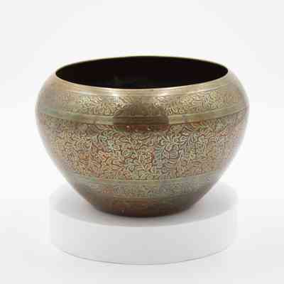 Large Round Brass Pot with Red Engraved Leaf Design