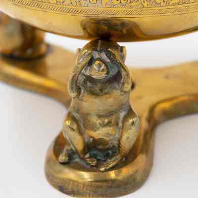 Image of "see no evil" monkey: Close up image of the "see no evil" monkey. The brass monkey is holding its hands over its eyes, representing Mizaru from the original maxim.