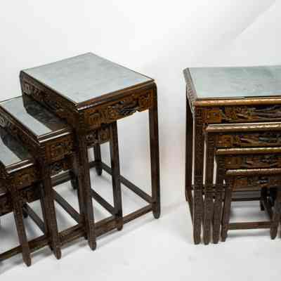 Pair of Rectangular Carved Wood Hong Kong Nesting Tables