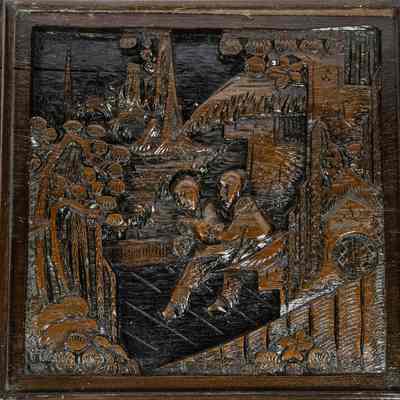 Hong Kong nesting table top: The image showcases intricately carved nesting tables from Hong Kong, featuring glass tops, with detailed scenes depicted on their wooden surfaces.